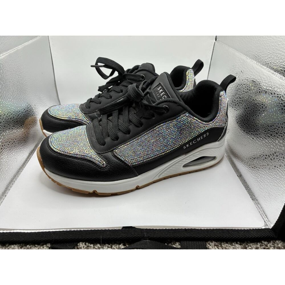 Skechers Uno Sparkle Motion Women's 8 Black Iridescent Rhinestone Sneaker Glam - Picture 2 of 6